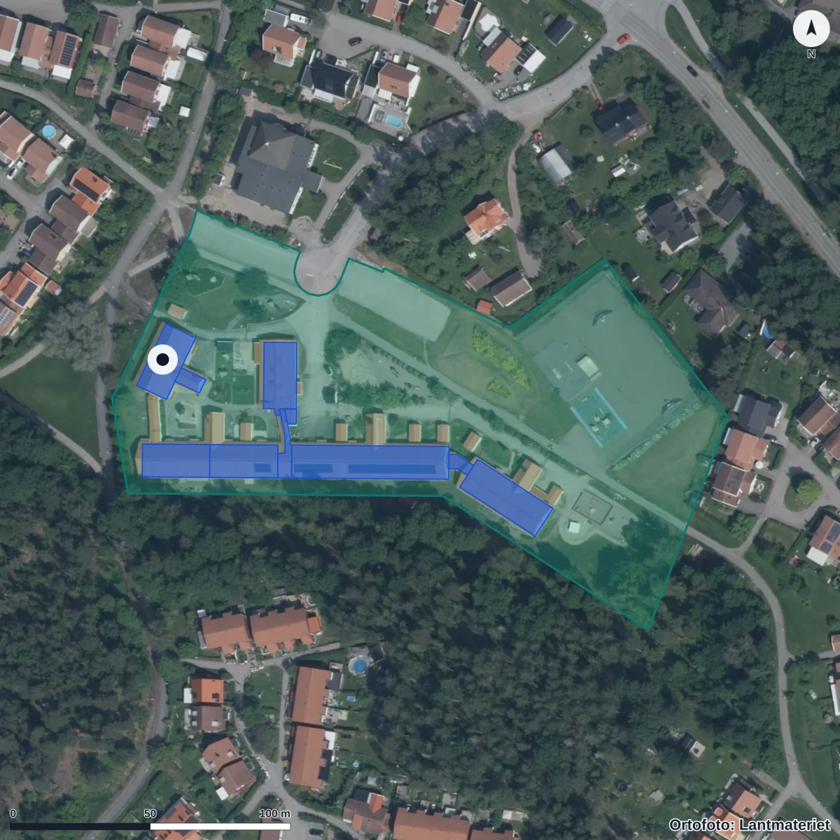 Flygbild över Lyckebo Förskola, ortofoto från Lantmäteriet
