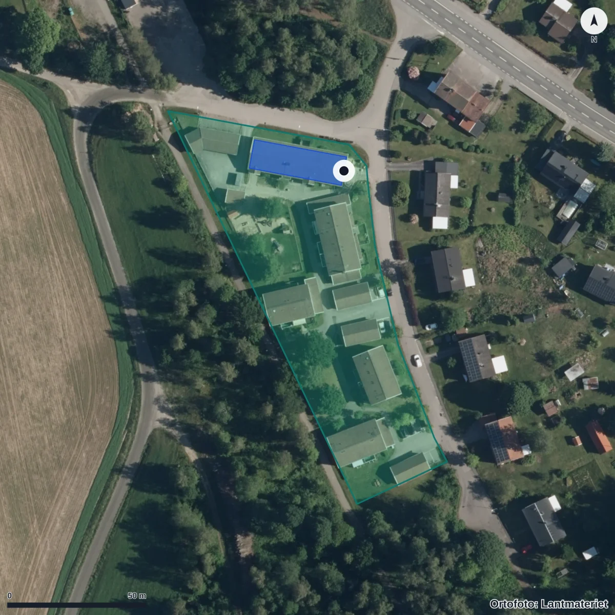 Flygbild över Björkhagens Förskola, ortofoto från Lantmäteriet