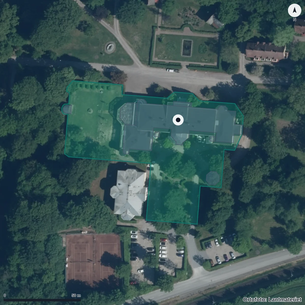 Flygbild över Dibber Ramlösa Montessoriförskola, ortofoto från Lantmäteriet