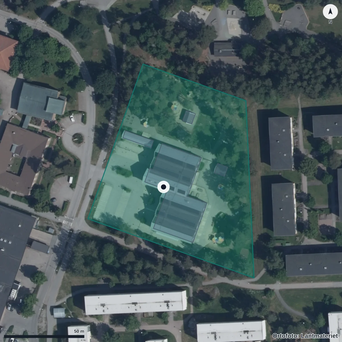 Flygbild över Brage Förskola, ortofoto från Lantmäteriet