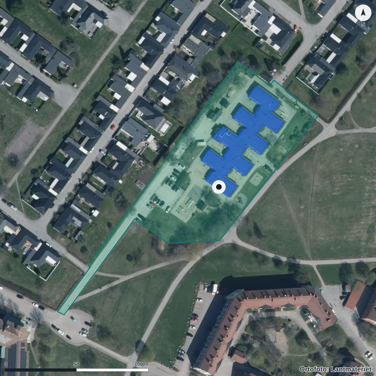 Flygbild över Nordanby Förskola, ortofoto från Lantmäteriet