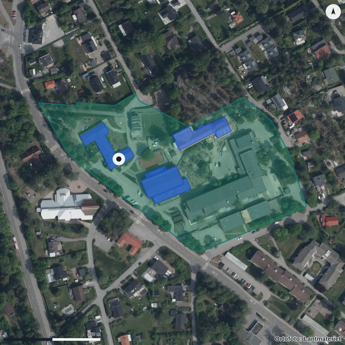 Flygbild över Kumla Förskola, ortofoto från Lantmäteriet