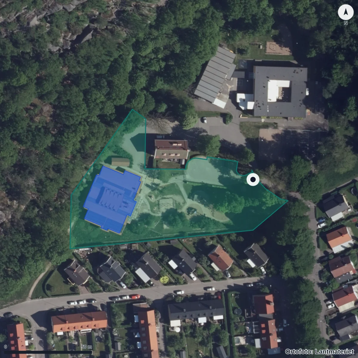 Flygbild över Karduansmakaregatan 44 Förskola, ortofoto från Lantmäteriet