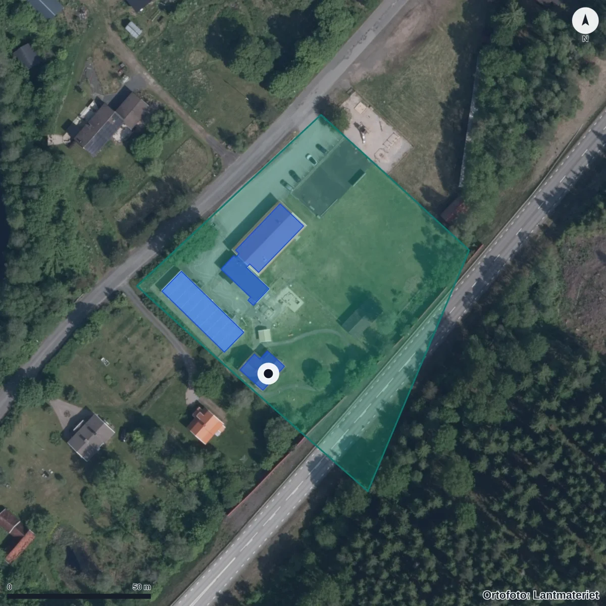Flygbild över Norra Unnaryds Förskola, ortofoto från Lantmäteriet