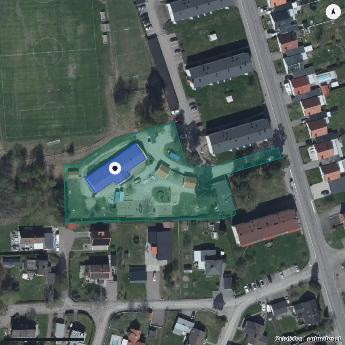 Flygbild över Råtorps Förskola, ortofoto från Lantmäteriet