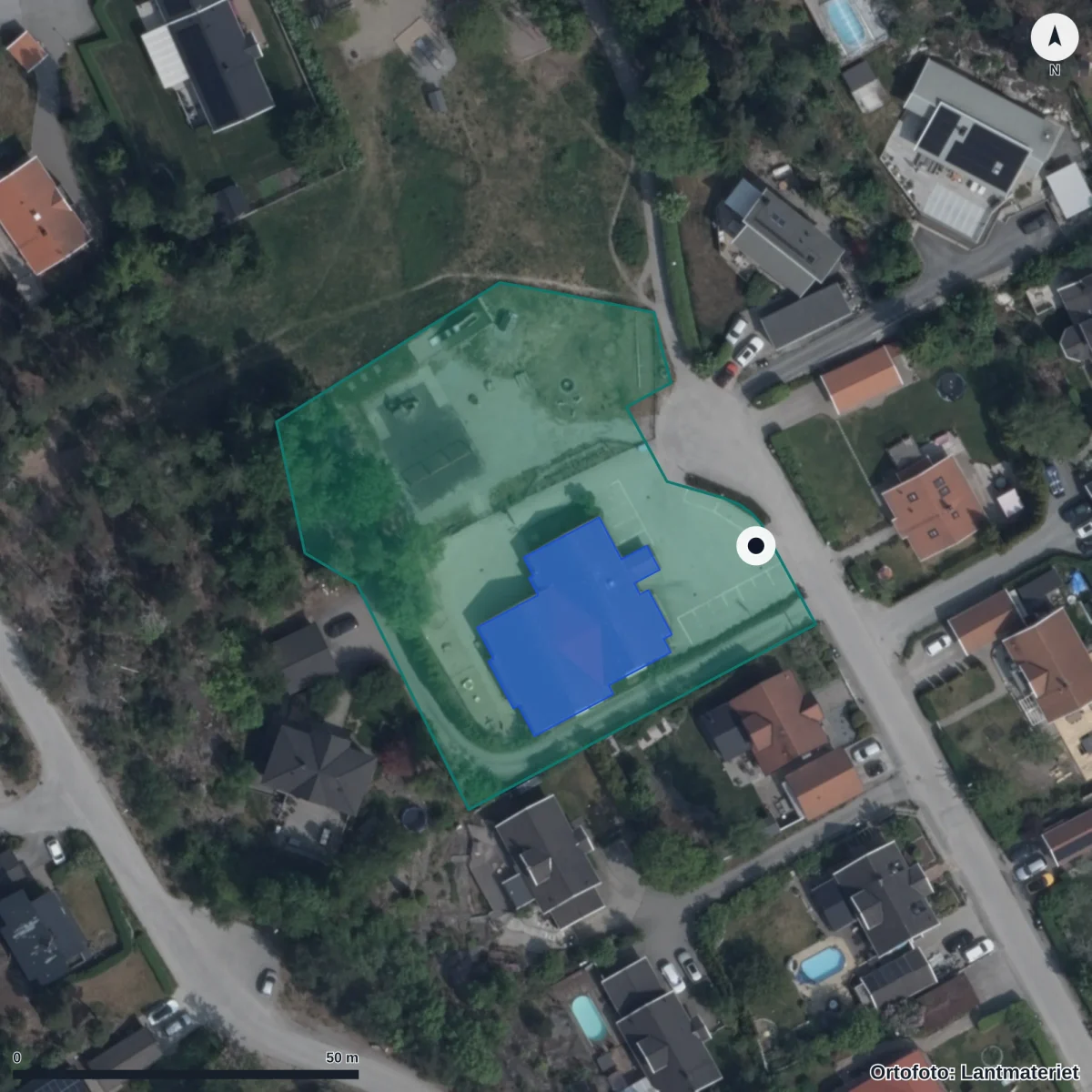 Flygbild över Sjöängens Förskola, ortofoto från Lantmäteriet