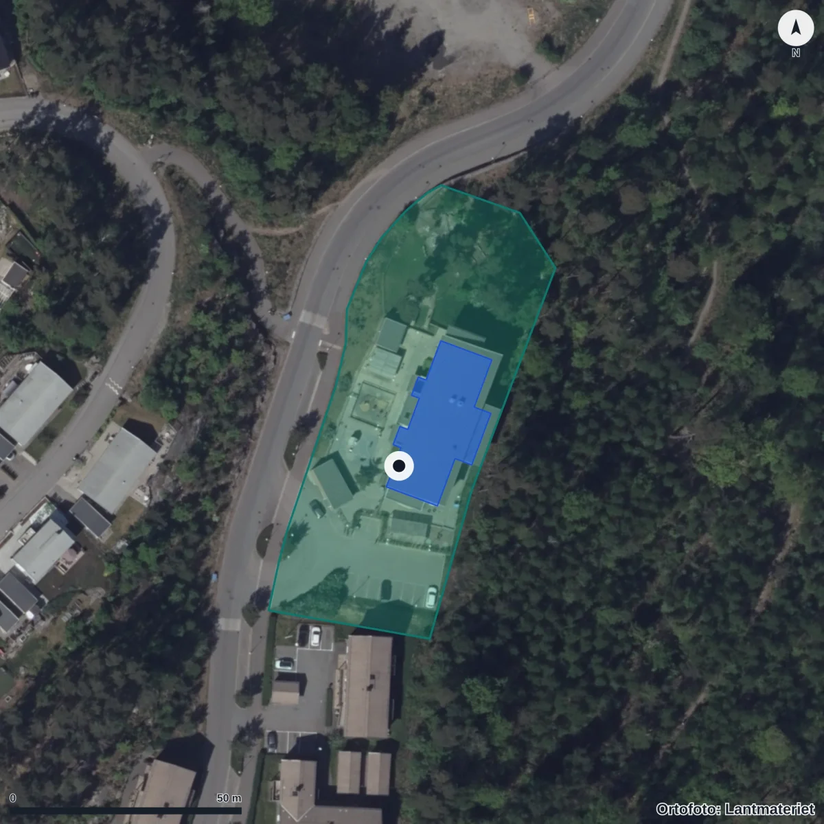 Flygbild över Älvdansens Förskola, ortofoto från Lantmäteriet