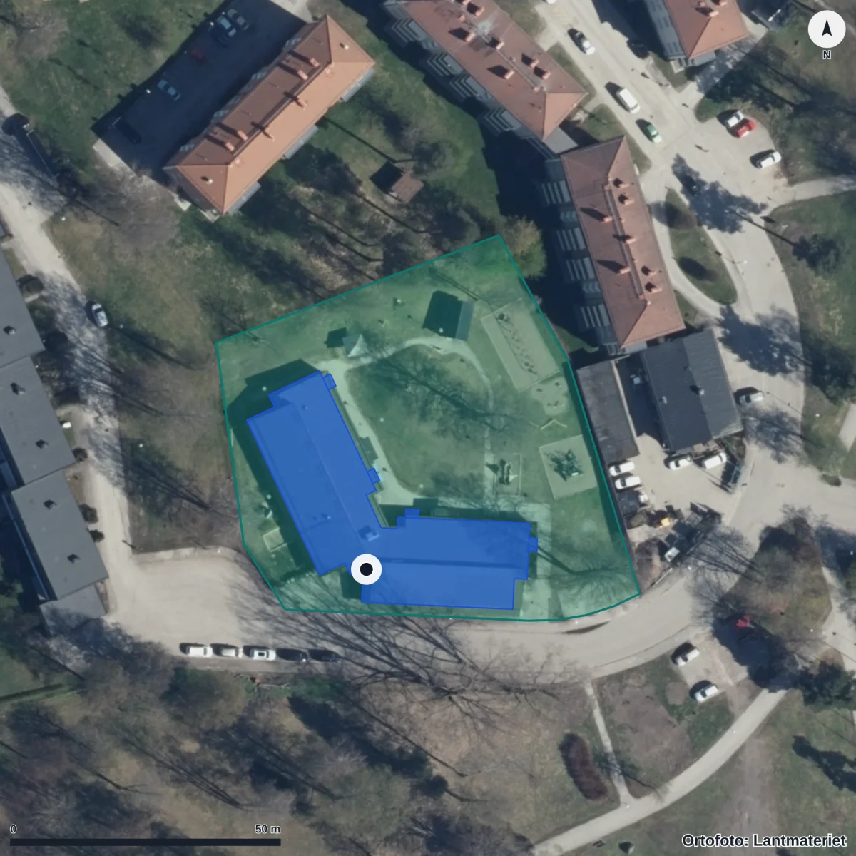 Flygbild över Takläggarens Förskola, ortofoto från Lantmäteriet