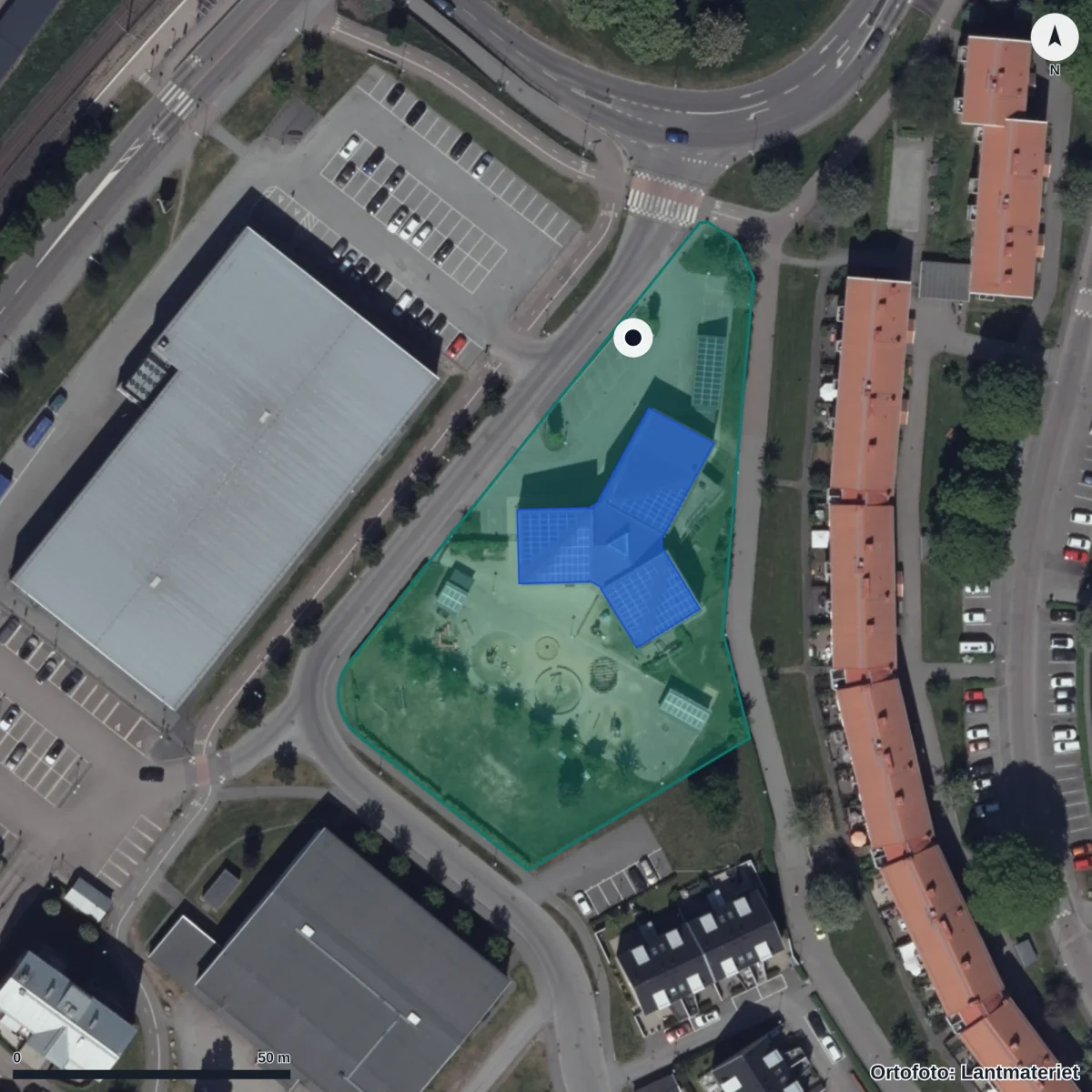 Flygbild över Transistorgatan 2 Förskola, ortofoto från Lantmäteriet