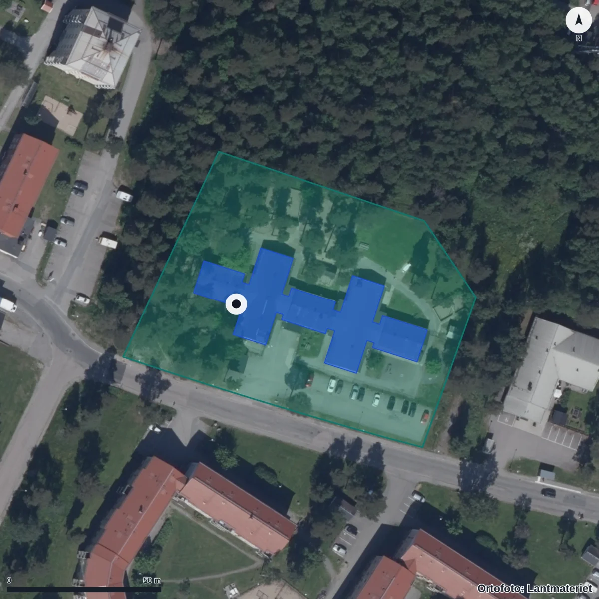 Flygbild över Årans Förskola, ortofoto från Lantmäteriet