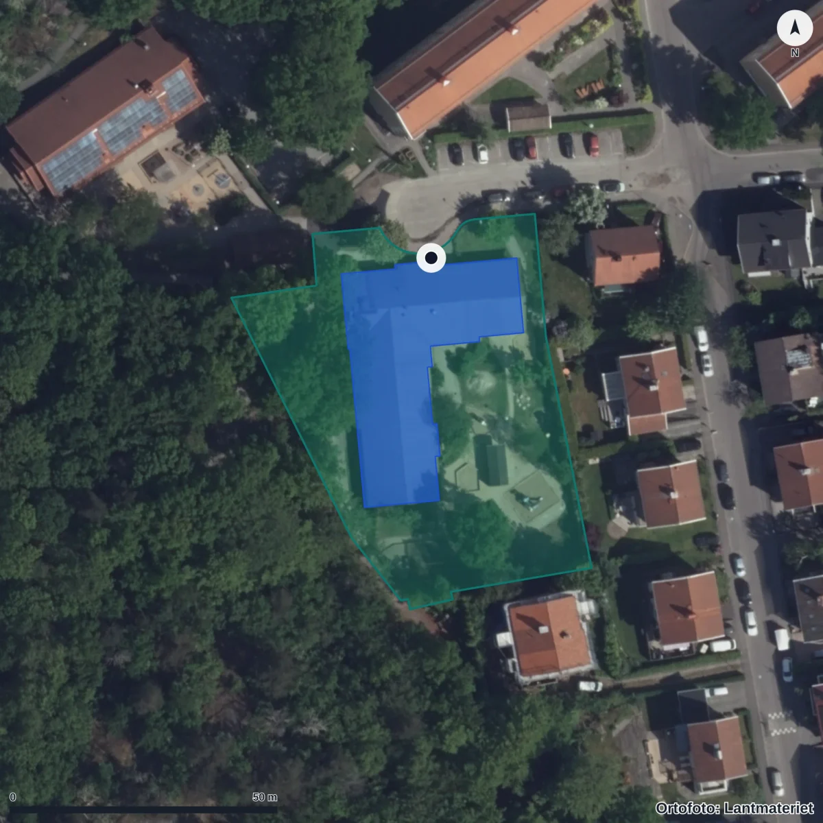 Flygbild över Skogshyddegatan 23 Förskola, ortofoto från Lantmäteriet