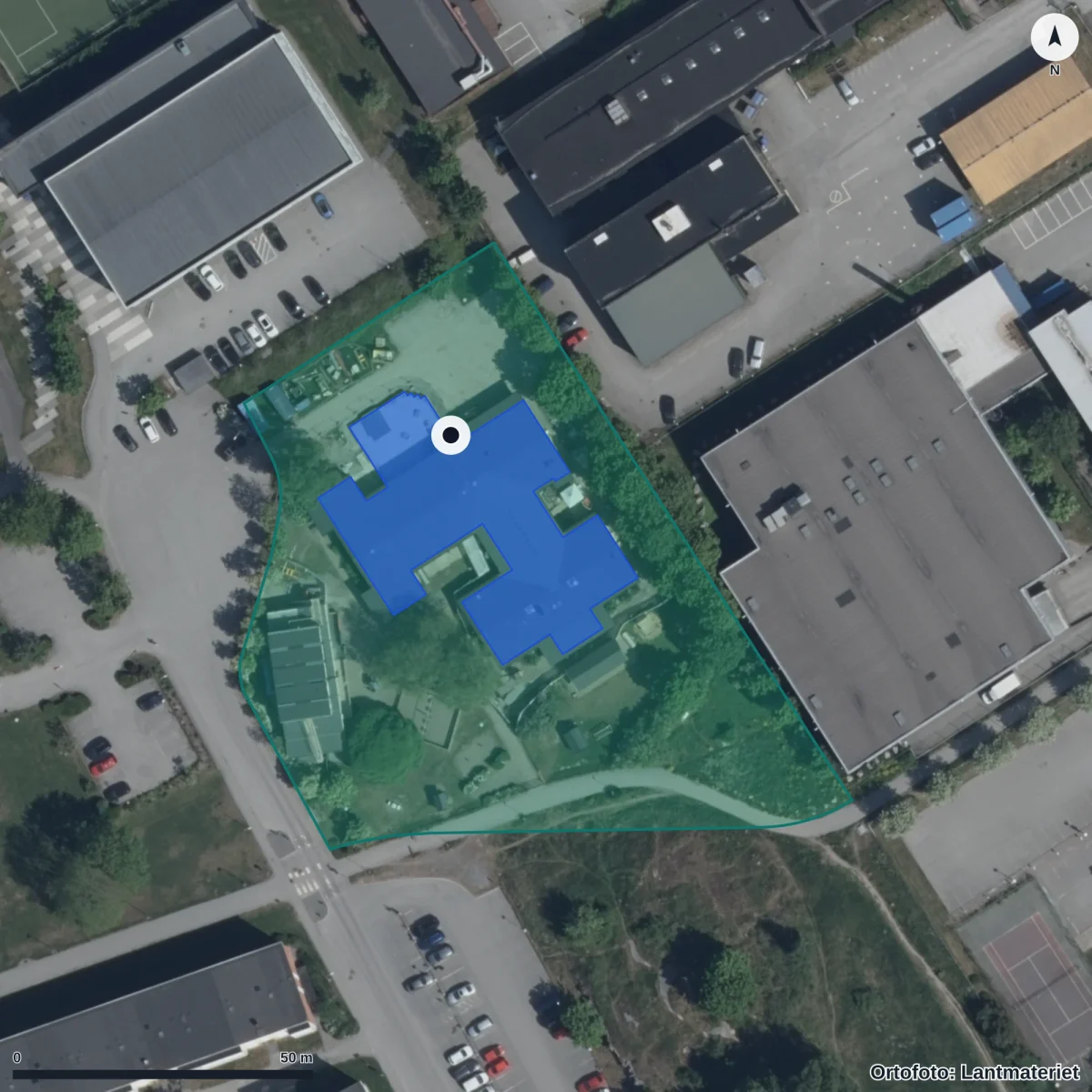 Flygbild över Dibber Pilgården Förskola, ortofoto från Lantmäteriet