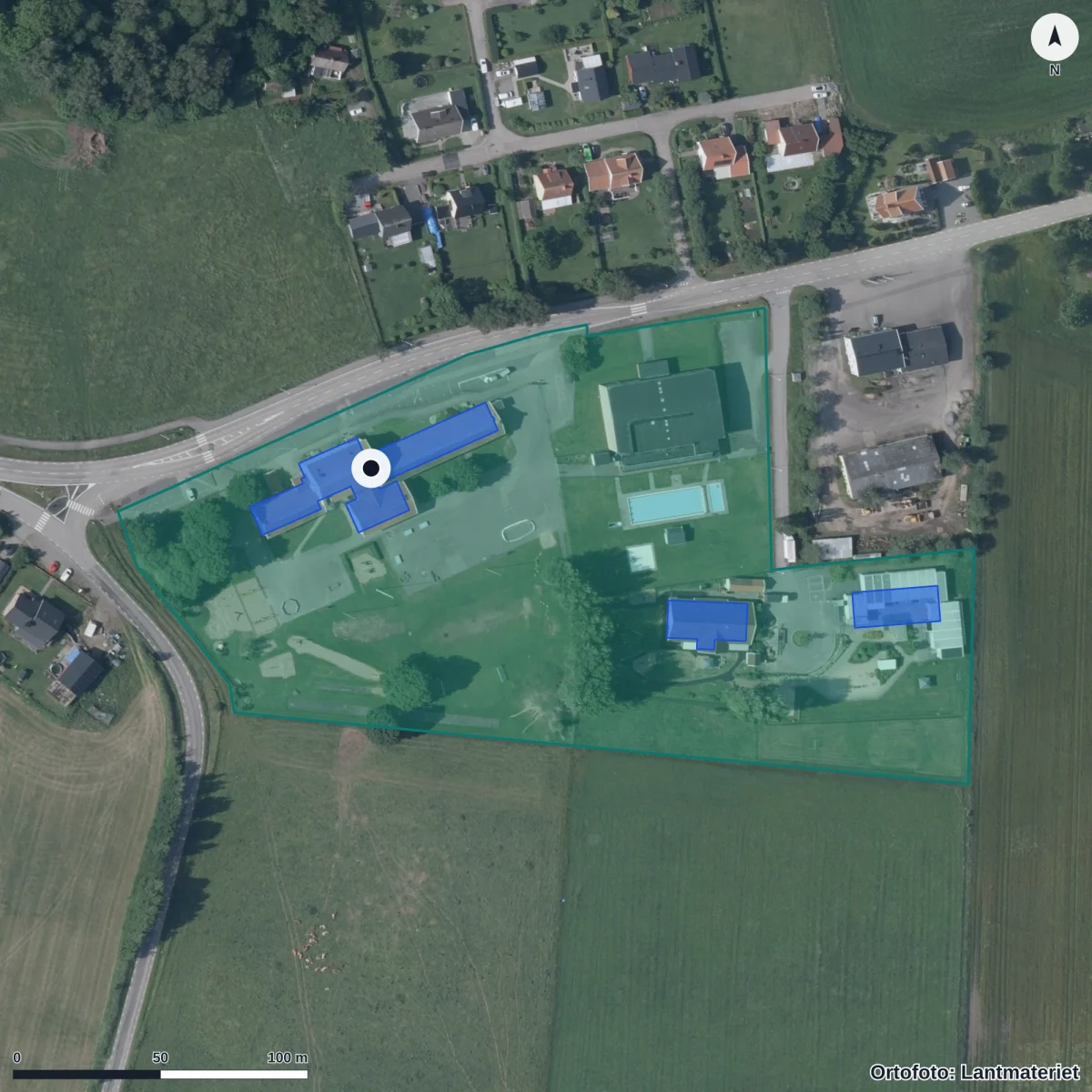 Flygbild över Vessigebro Förskola, ortofoto från Lantmäteriet