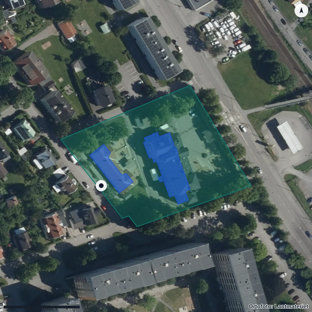 Flygbild över Nektarinens Förskola, ortofoto från Lantmäteriet