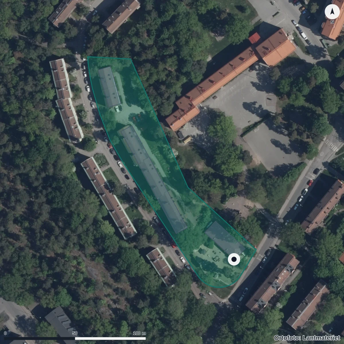 Flygbild över Förskolan Johannesfredsvägen 27, ortofoto från Lantmäteriet