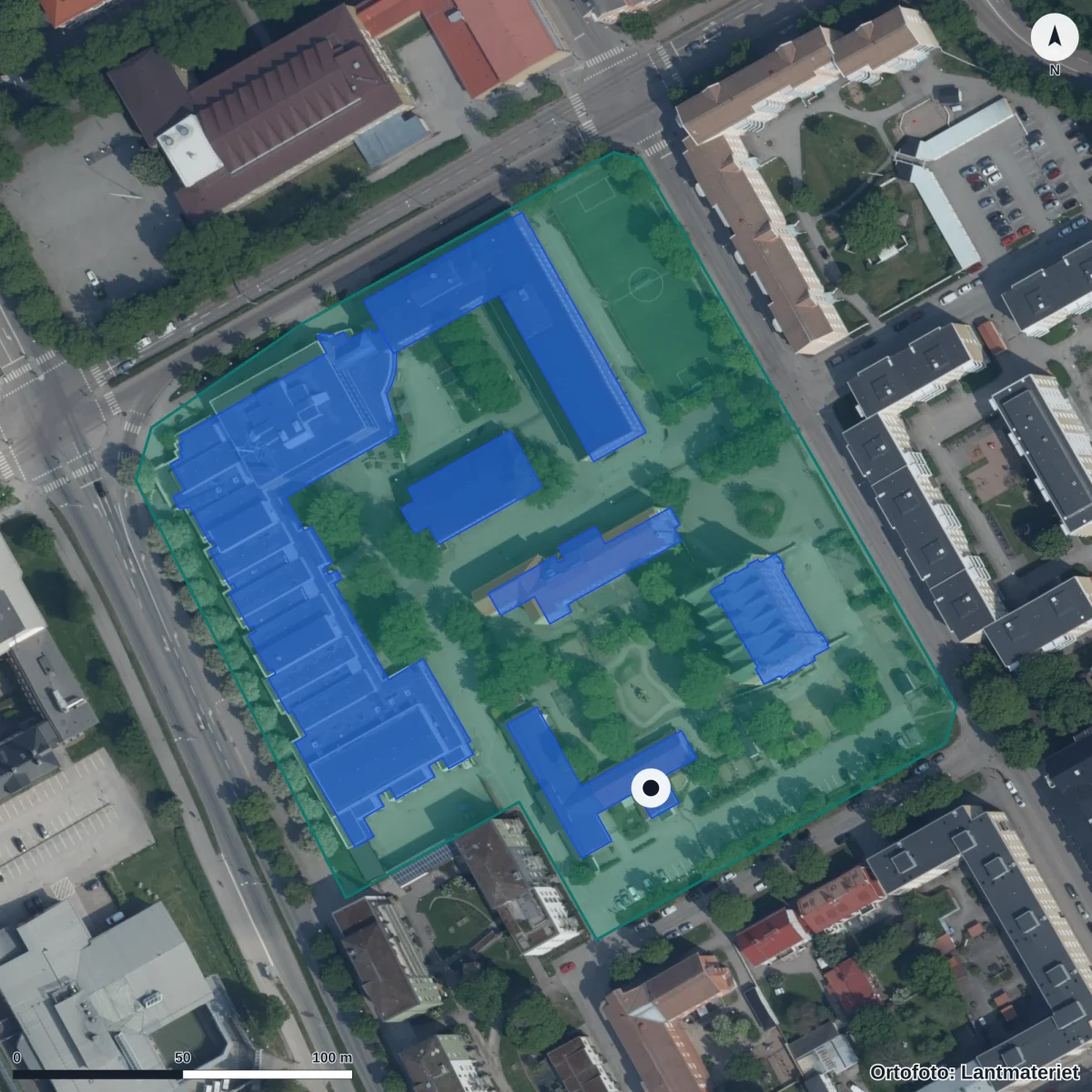 Flygbild över Södergården, ortofoto från Lantmäteriet