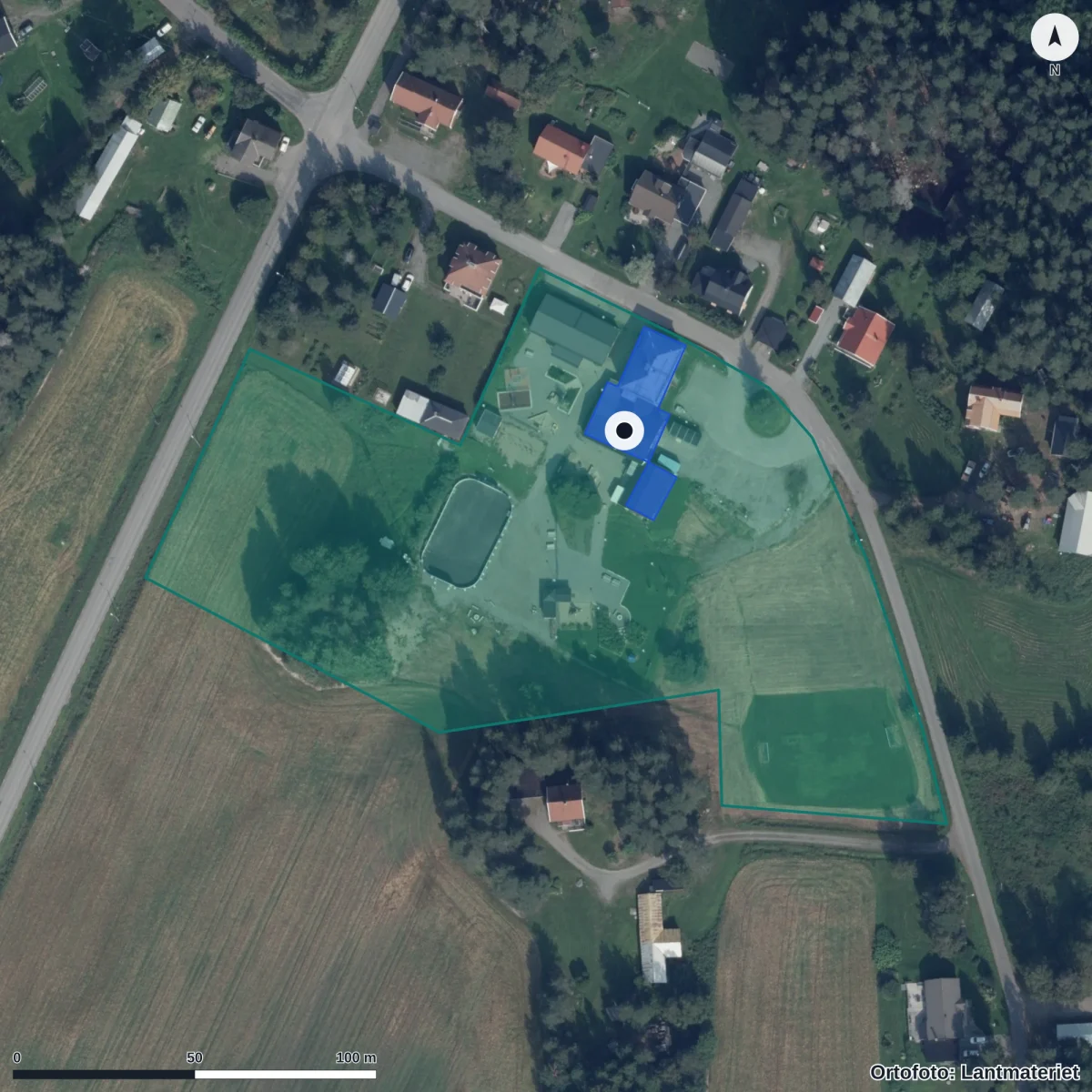 Flygbild över Hjoggböle Förskola, ortofoto från Lantmäteriet