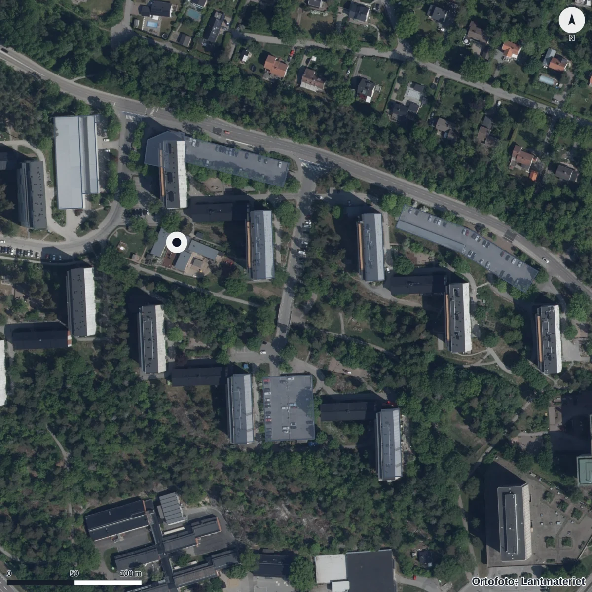Flygbild över Vitsippans Förskola, ortofoto från Lantmäteriet