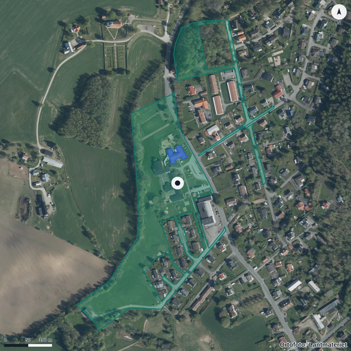Flygbild över Marbäcks Förskola, ortofoto från Lantmäteriet