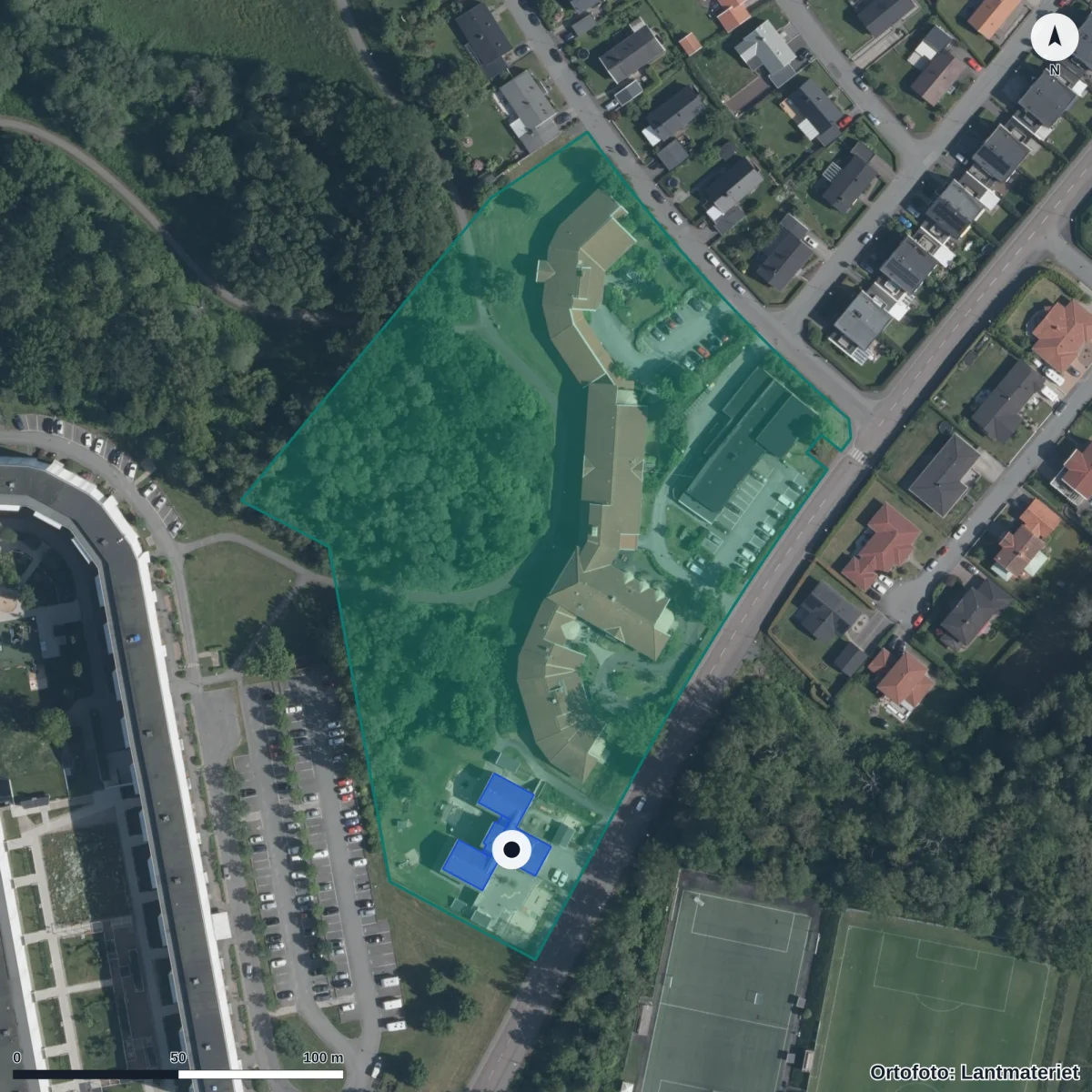 Flygbild över Solrosens Förskola, ortofoto från Lantmäteriet