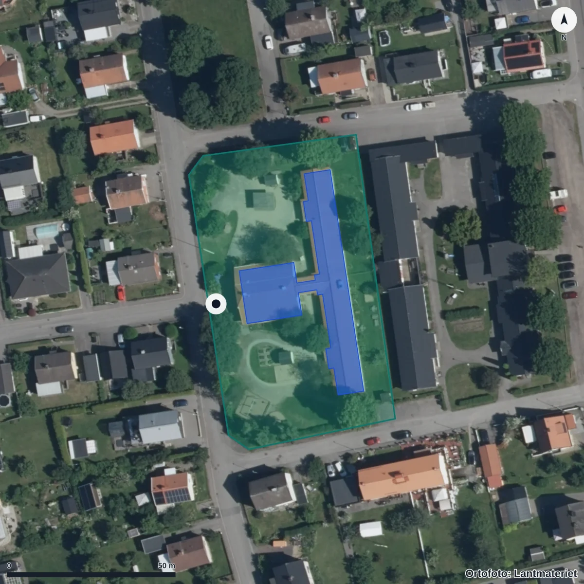 Flygbild över Palettens Förskola, ortofoto från Lantmäteriet
