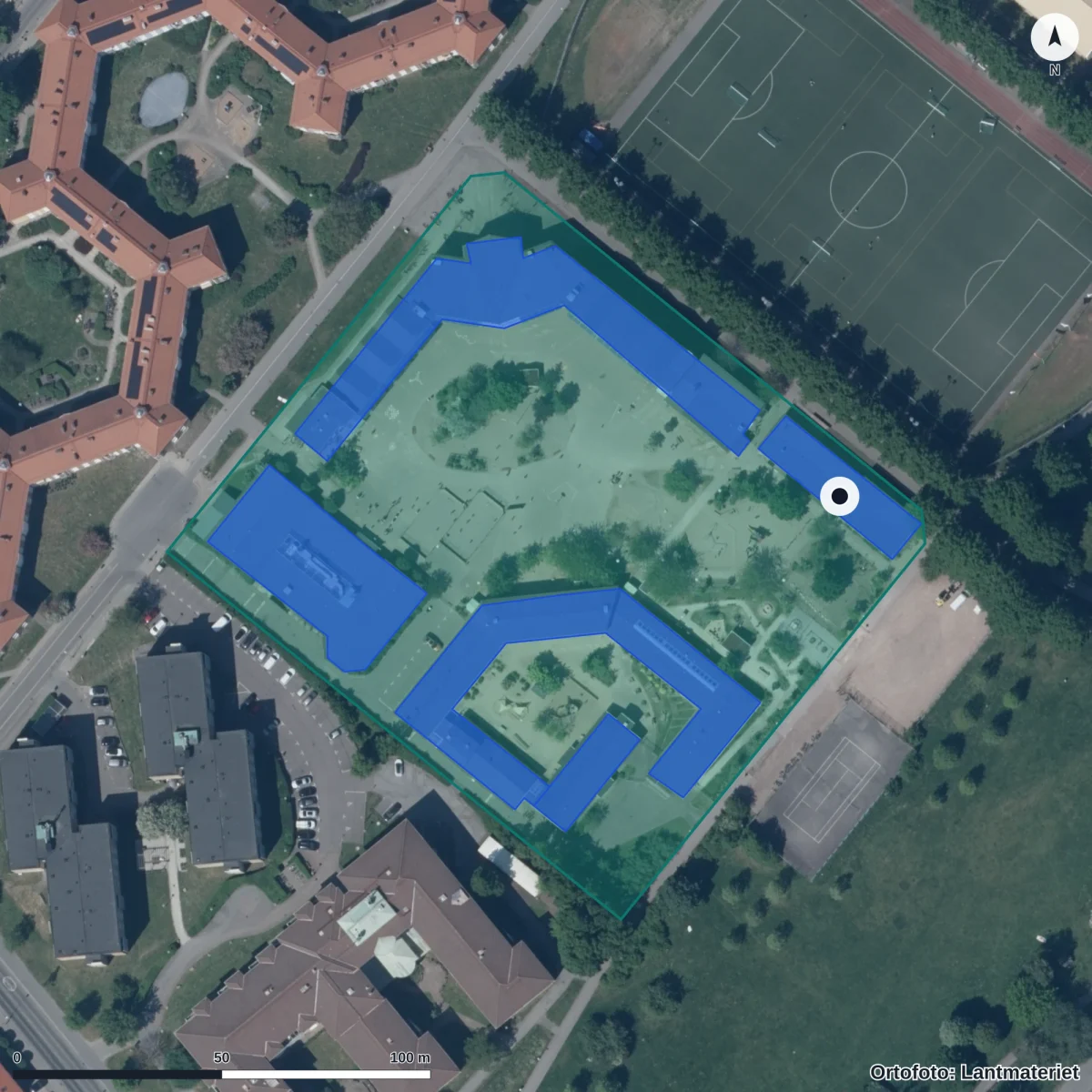 Flygbild över Pildammsstadens Förskola, ortofoto från Lantmäteriet