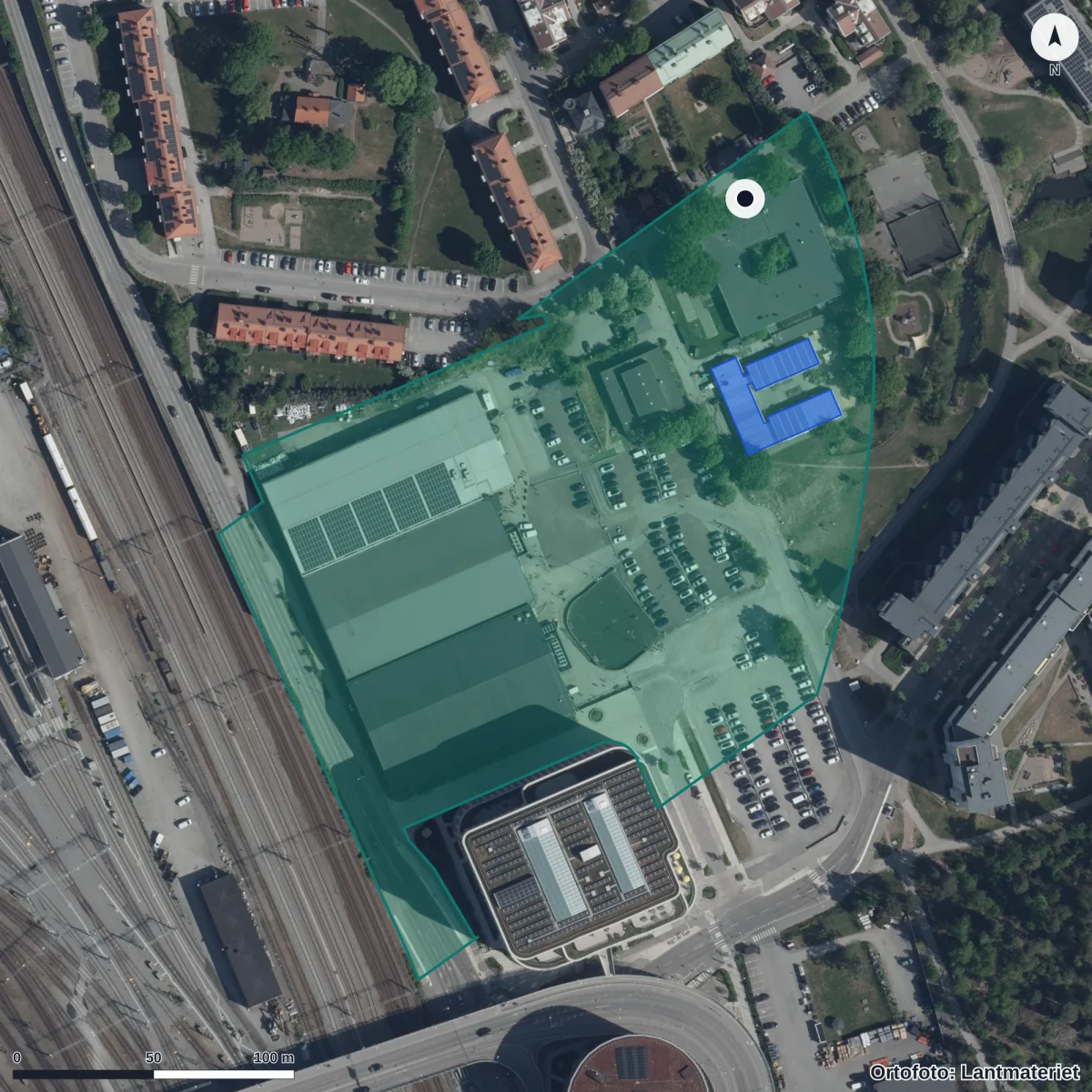 Flygbild över Borgens Förskola, ortofoto från Lantmäteriet