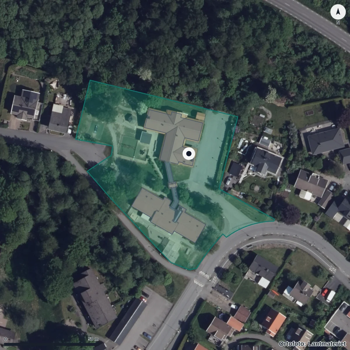 Flygbild över Glasbergets Förskola, ortofoto från Lantmäteriet