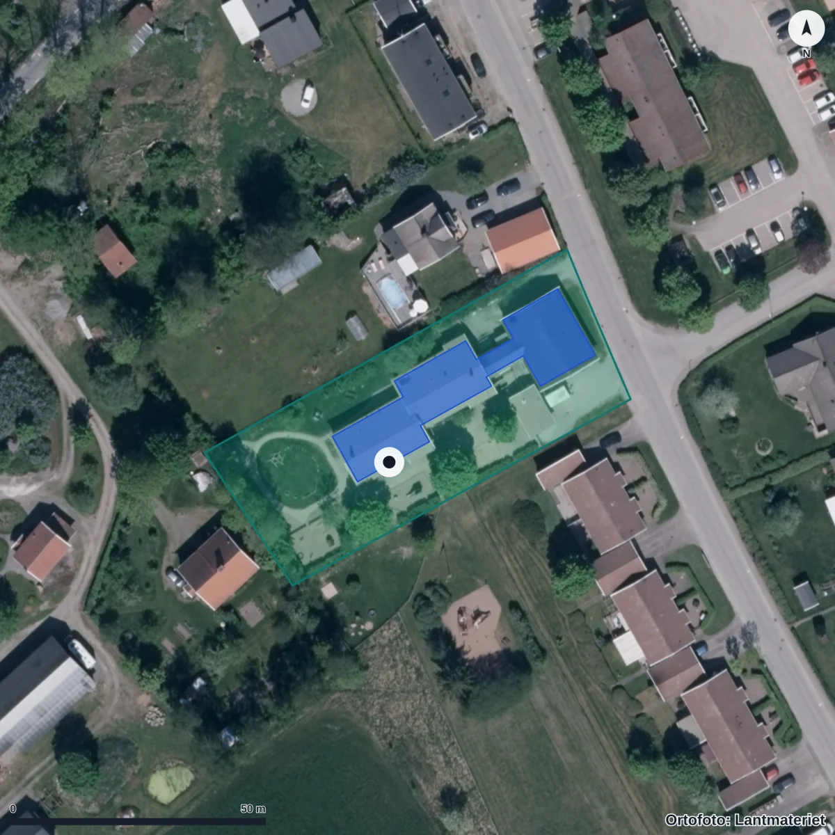 Flygbild över Solgårdens Förskola, ortofoto från Lantmäteriet