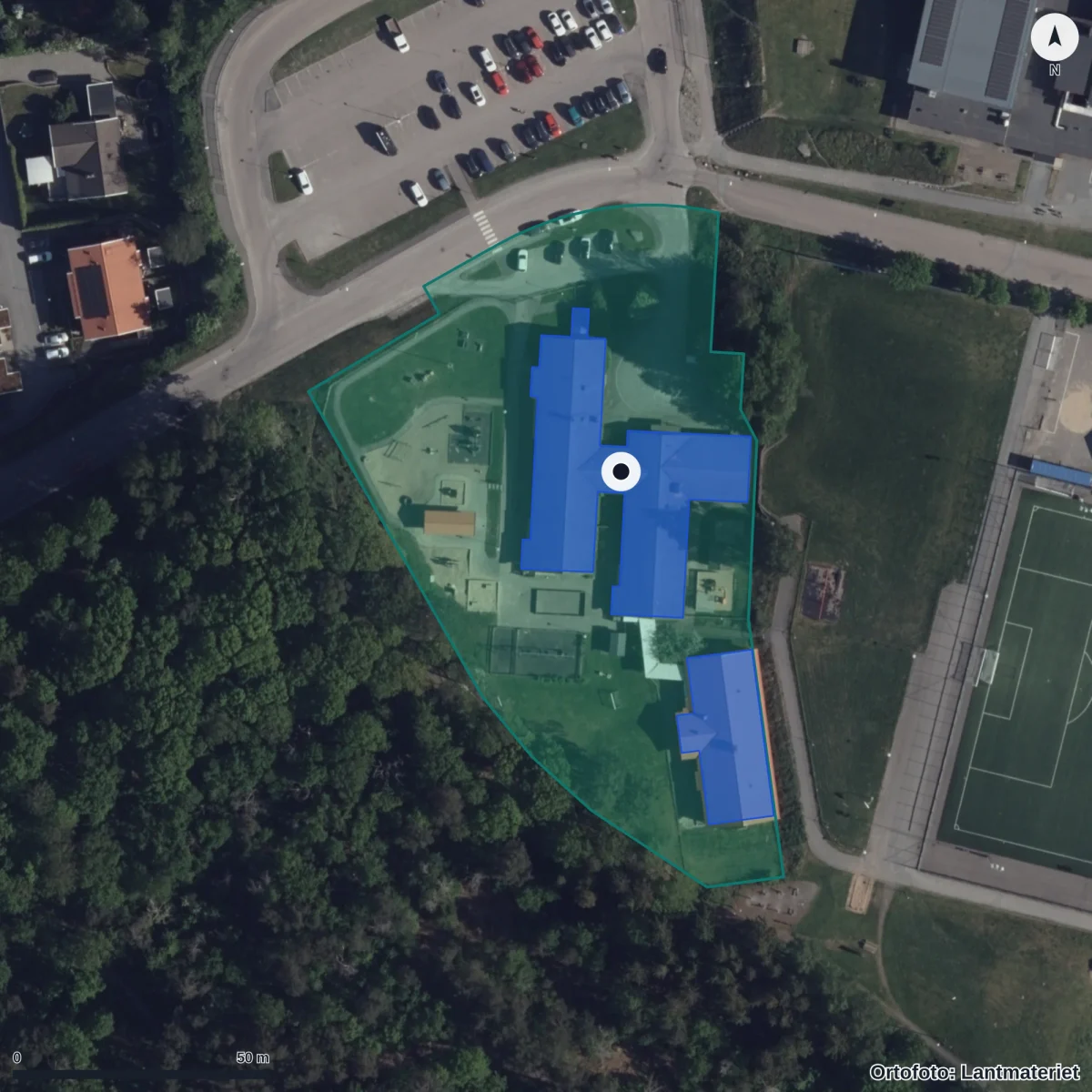 Flygbild över Ögärdets Förskola, ortofoto från Lantmäteriet
