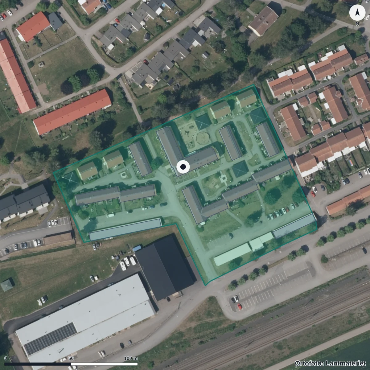 Flygbild över Sågens Förskola, ortofoto från Lantmäteriet