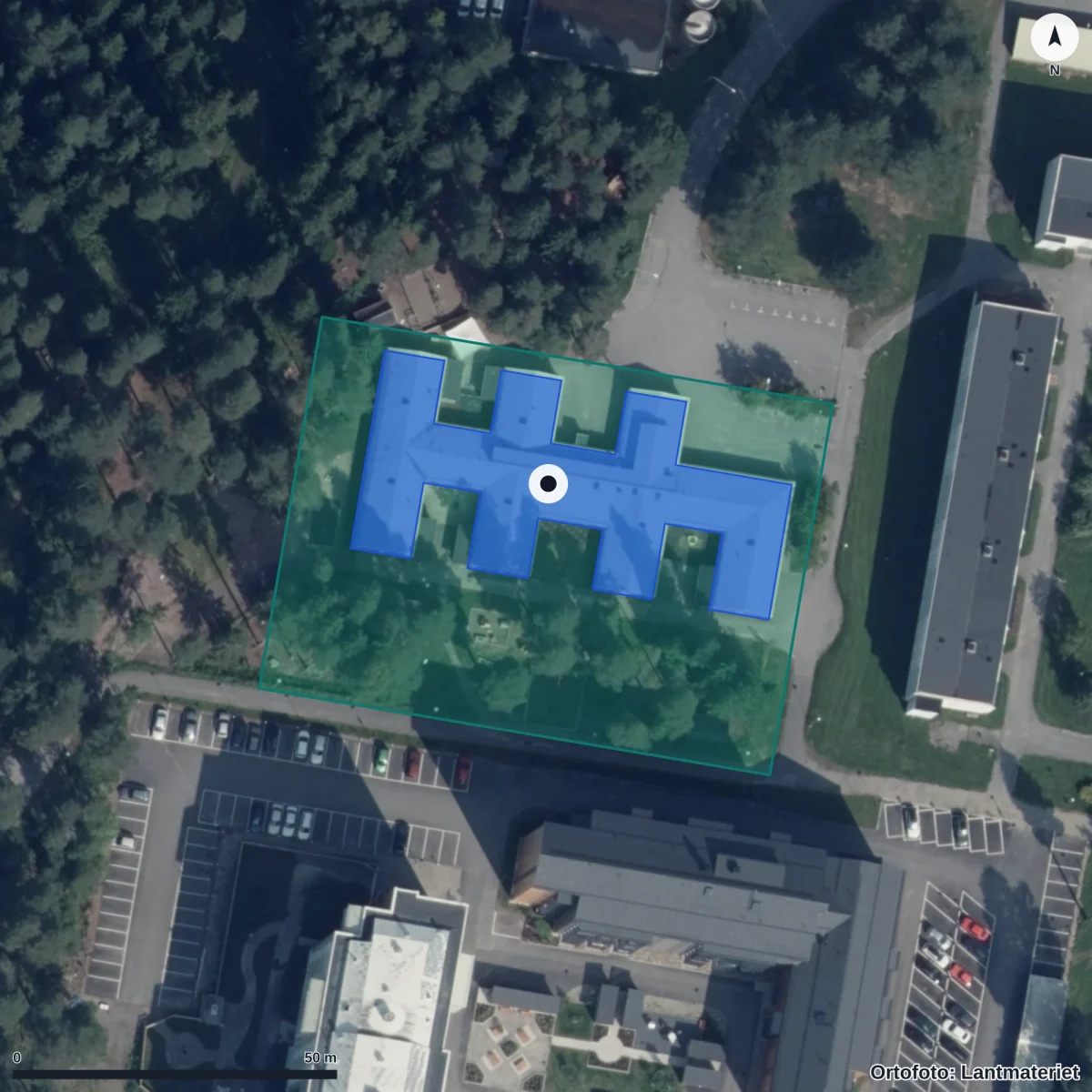 Flygbild över Orkesterns Förskola, ortofoto från Lantmäteriet