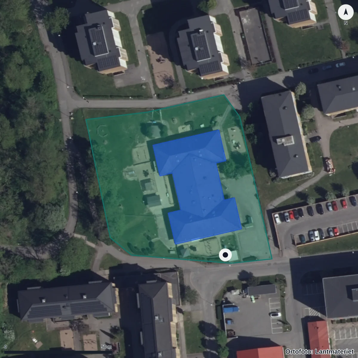 Flygbild över Krokslätts Förskola, ortofoto från Lantmäteriet