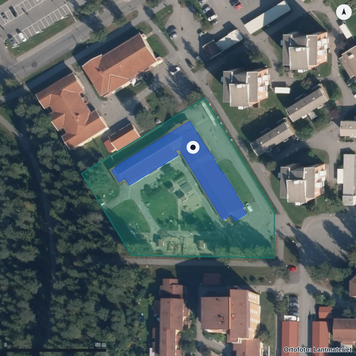 Flygbild över Förskolan Mjölken, ortofoto från Lantmäteriet