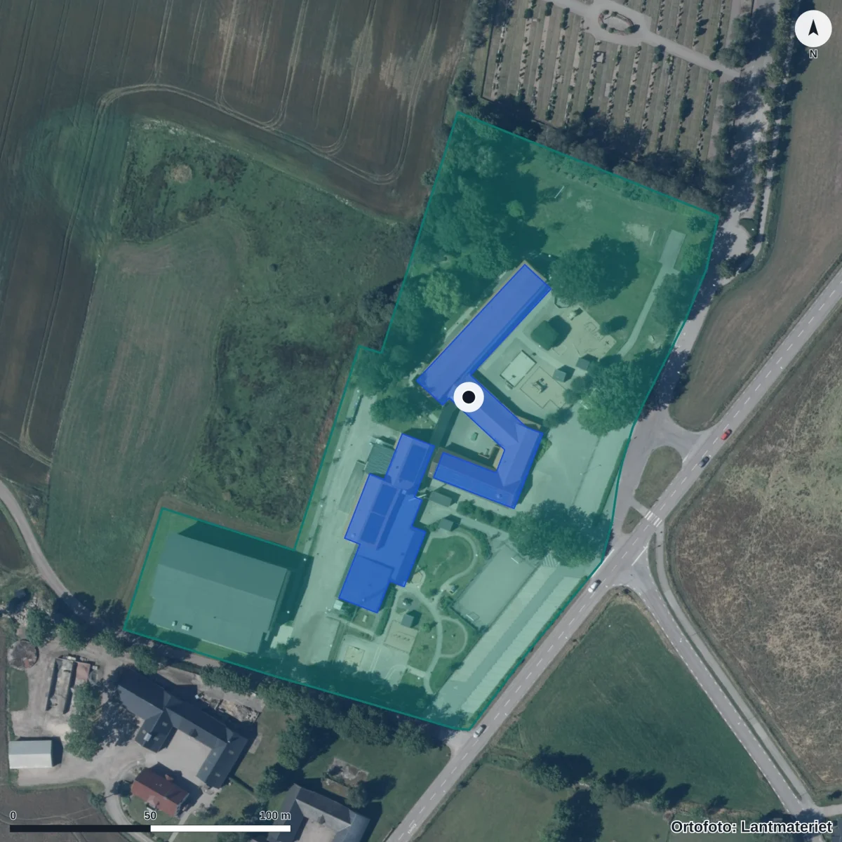 Flygbild över Lövestad Förskola, ortofoto från Lantmäteriet