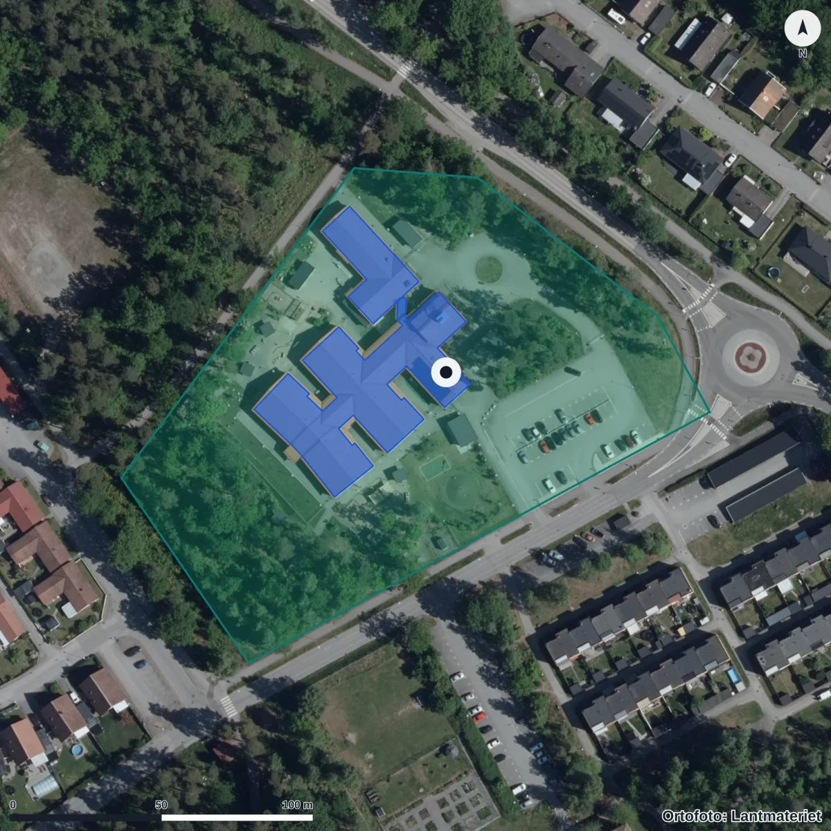 Flygbild över Förskolan Galaxen, ortofoto från Lantmäteriet