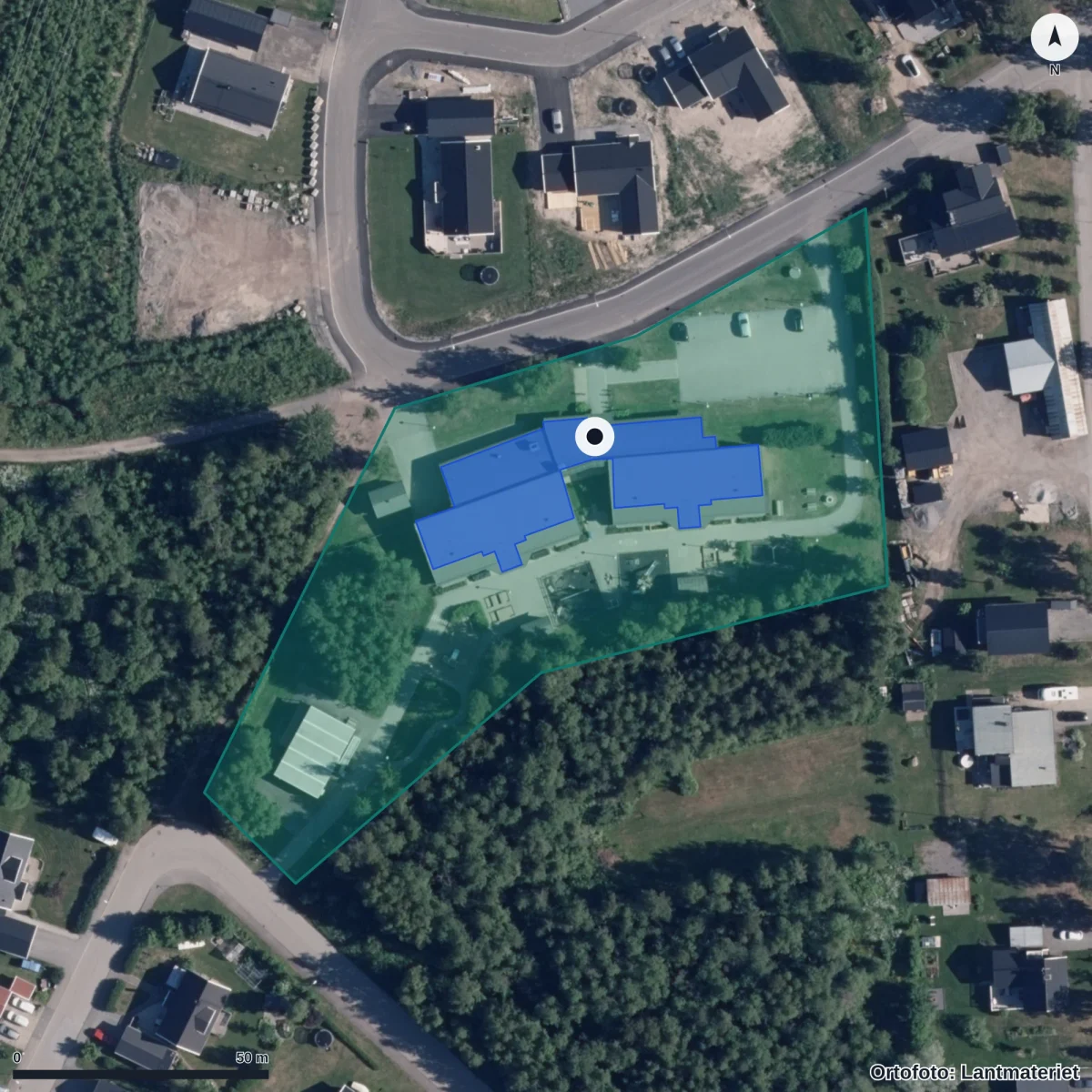Flygbild över Förskolan Paletten, ortofoto från Lantmäteriet