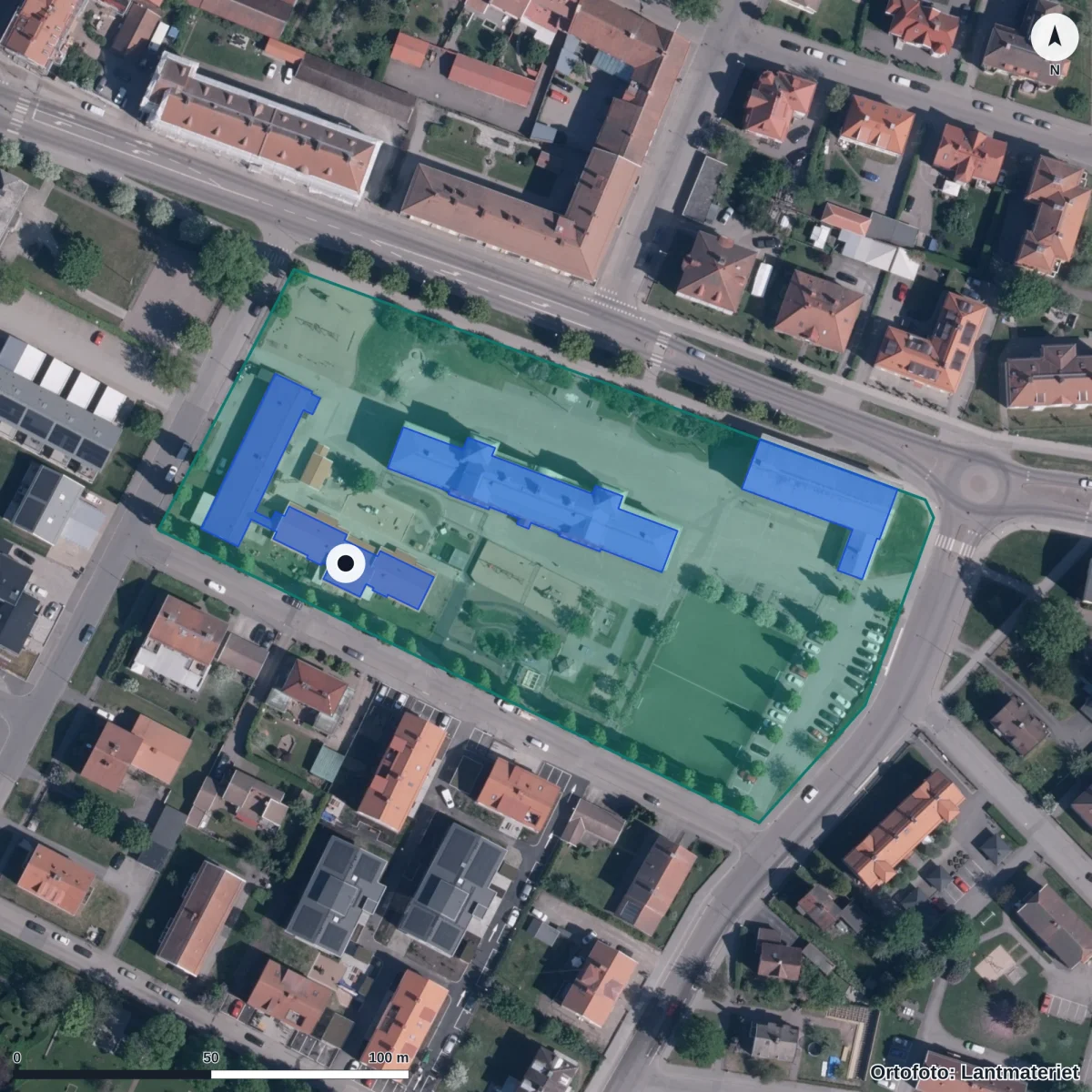 Flygbild över Wennerbergs Förskola, ortofoto från Lantmäteriet