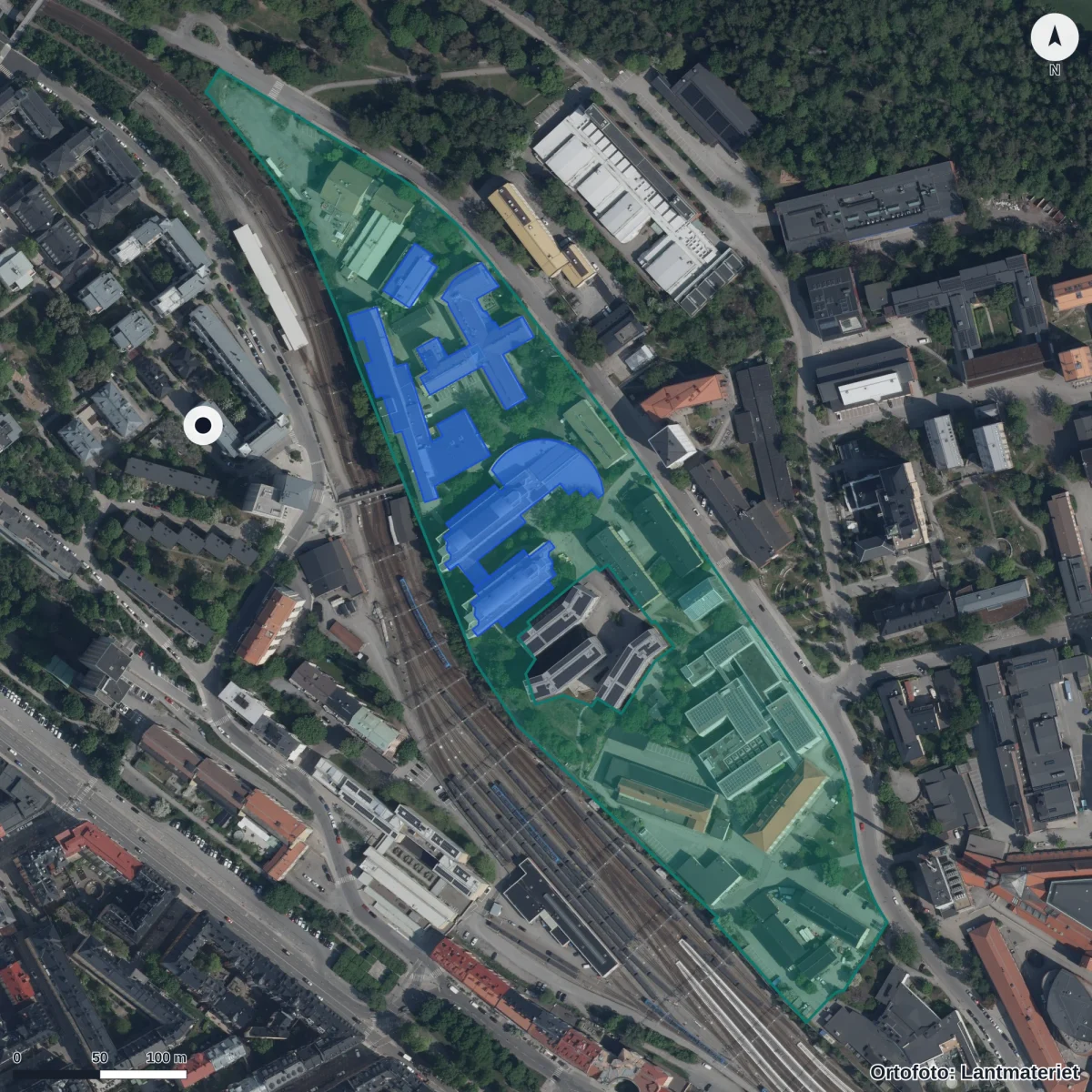 Flygbild över Förskolan Bigarrågården, ortofoto från Lantmäteriet