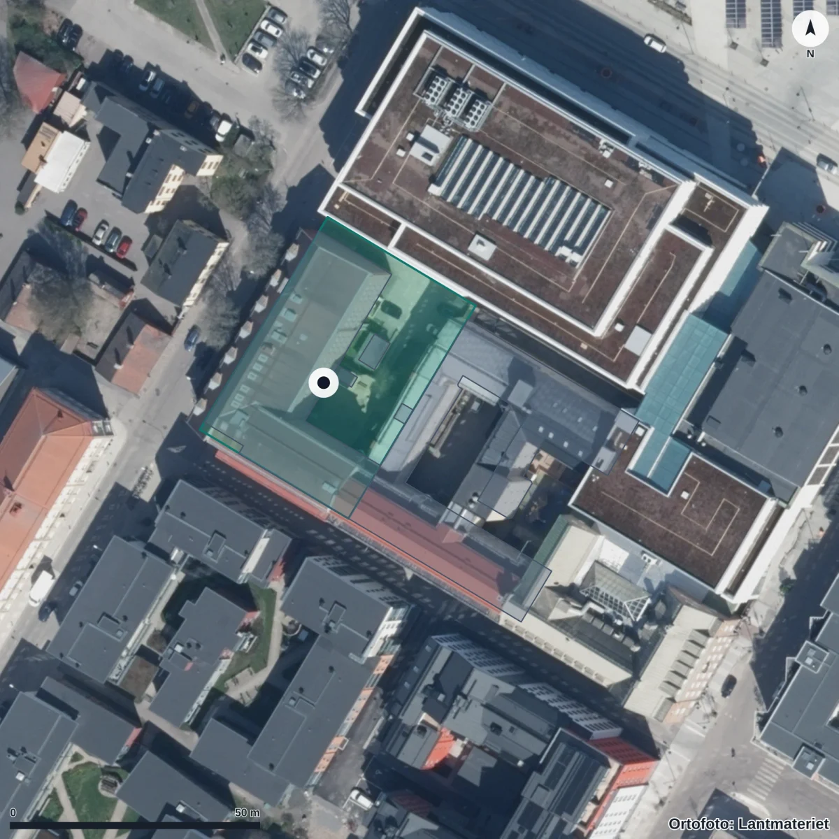 Flygbild över British Mini Rademachergatan, ortofoto från Lantmäteriet