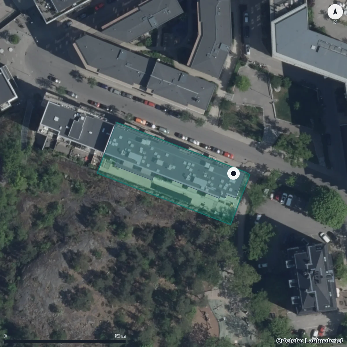 Flygbild över Förskolan Bryggan, ortofoto från Lantmäteriet