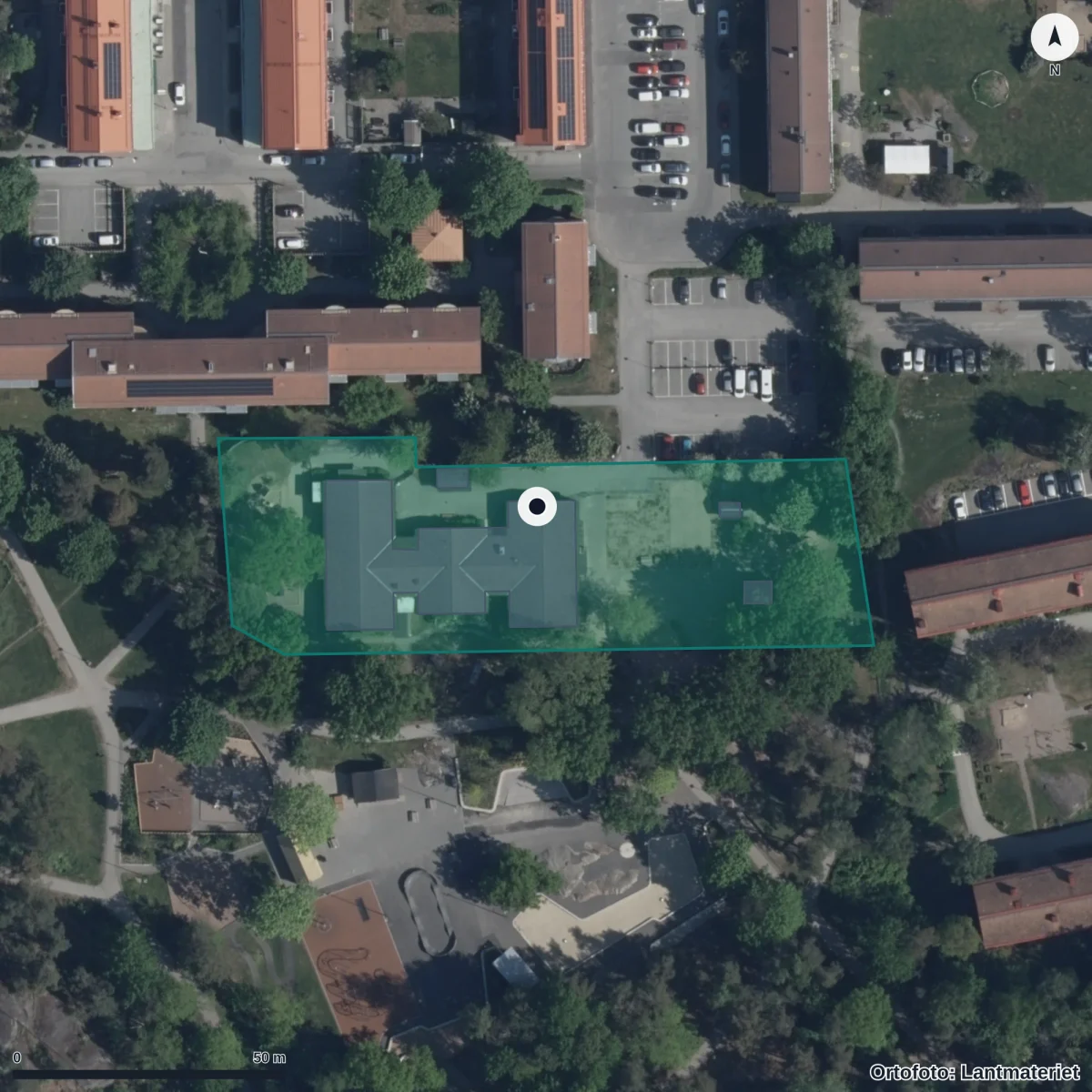 Flygbild över Förskolan Ellen Fries, ortofoto från Lantmäteriet