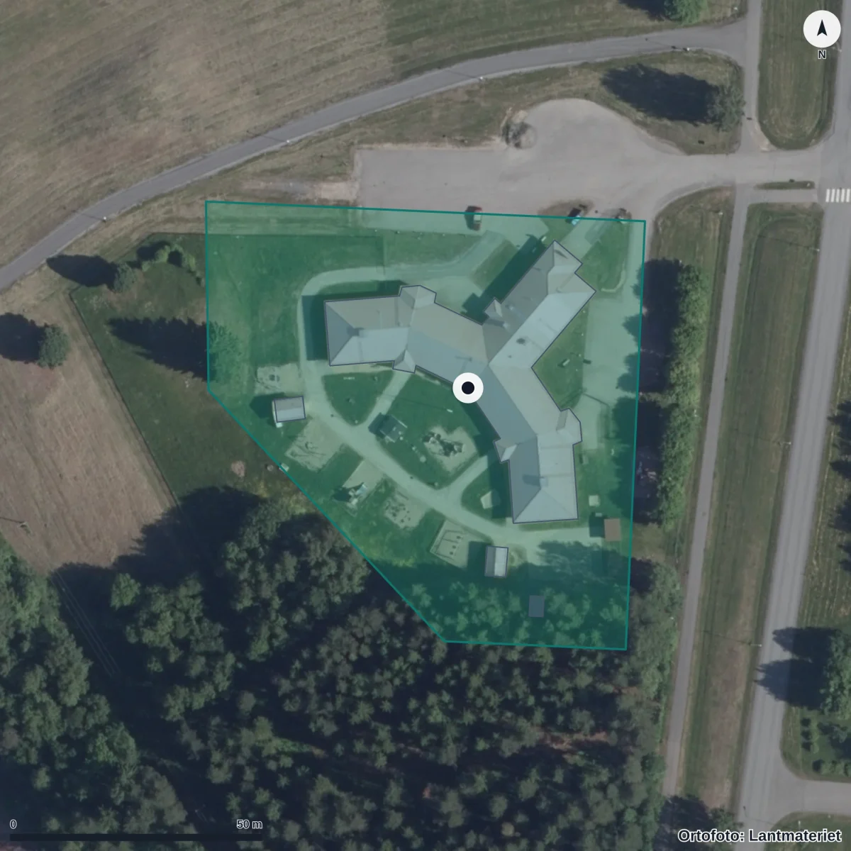 Flygbild över Timmersvansens Förskola, ortofoto från Lantmäteriet