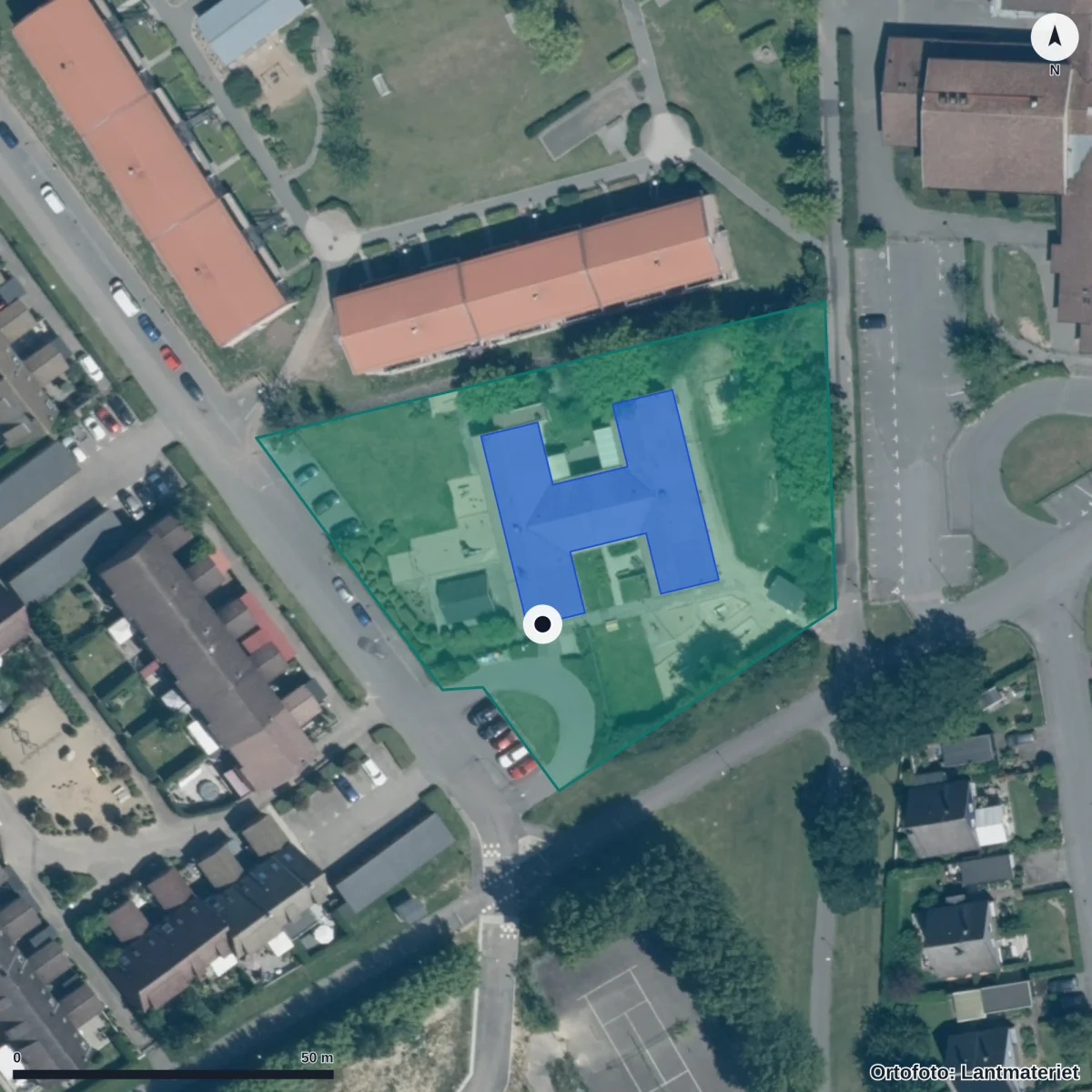 Flygbild över Annelunds Förskola, ortofoto från Lantmäteriet