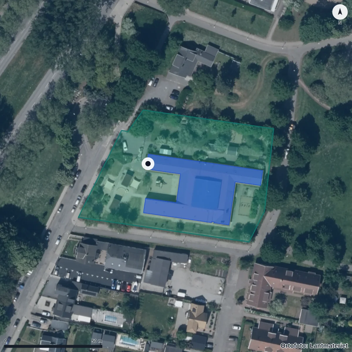 Flygbild över Södertorps Förskola, ortofoto från Lantmäteriet