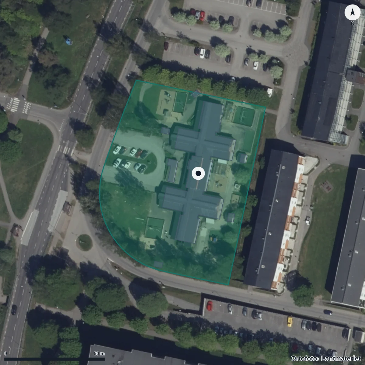 Flygbild över Hässlegårdens Förskola, ortofoto från Lantmäteriet