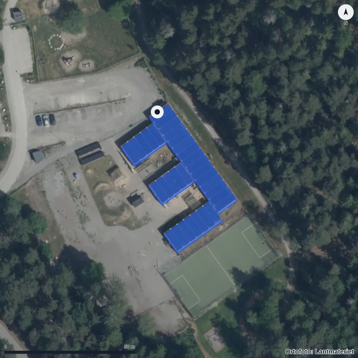 Flygbild över Körsbärets Förskola, ortofoto från Lantmäteriet