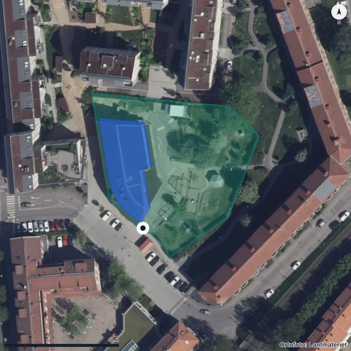 Flygbild över Bromeliusgatan 12 Förskola, ortofoto från Lantmäteriet