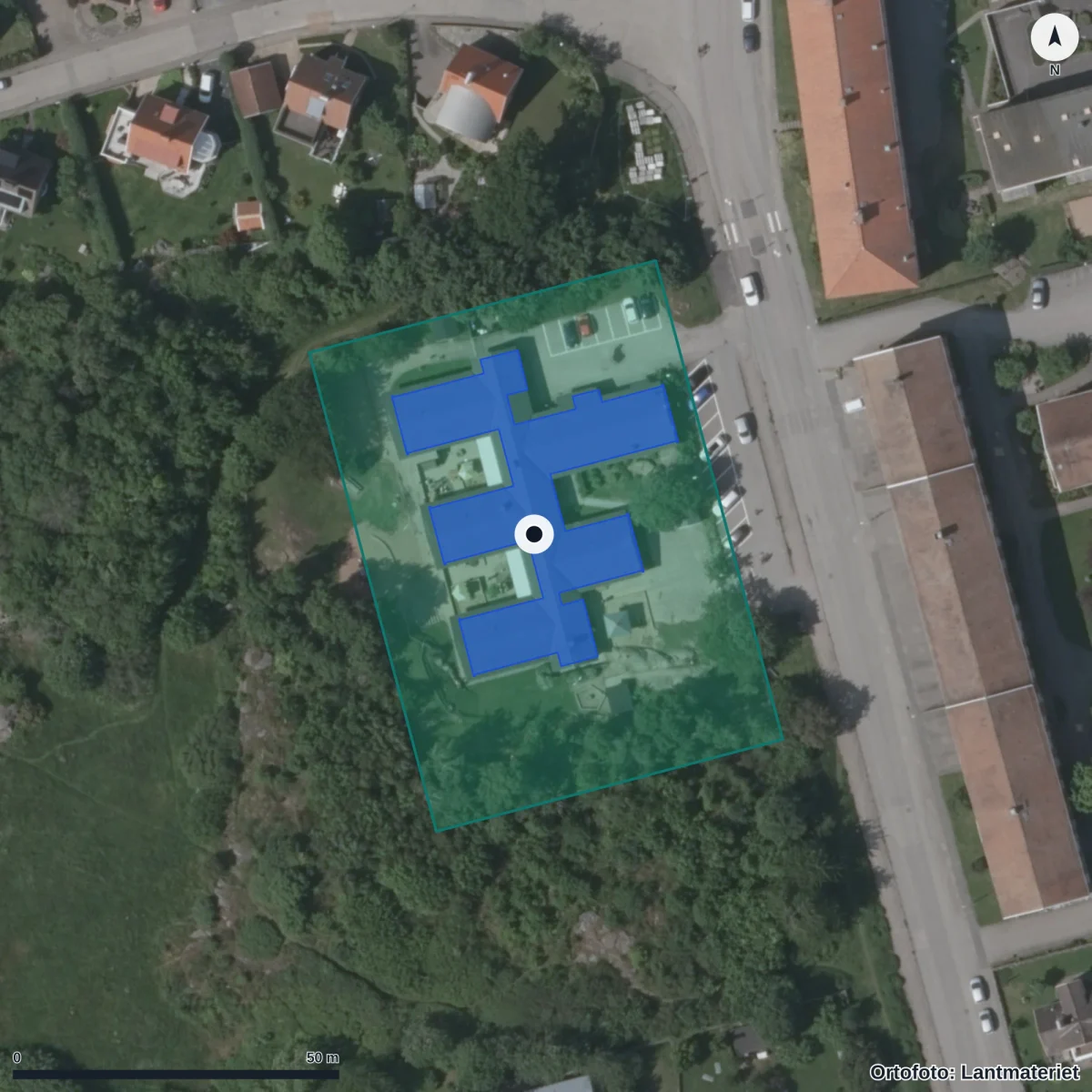 Flygbild över Travarens Förskola, ortofoto från Lantmäteriet