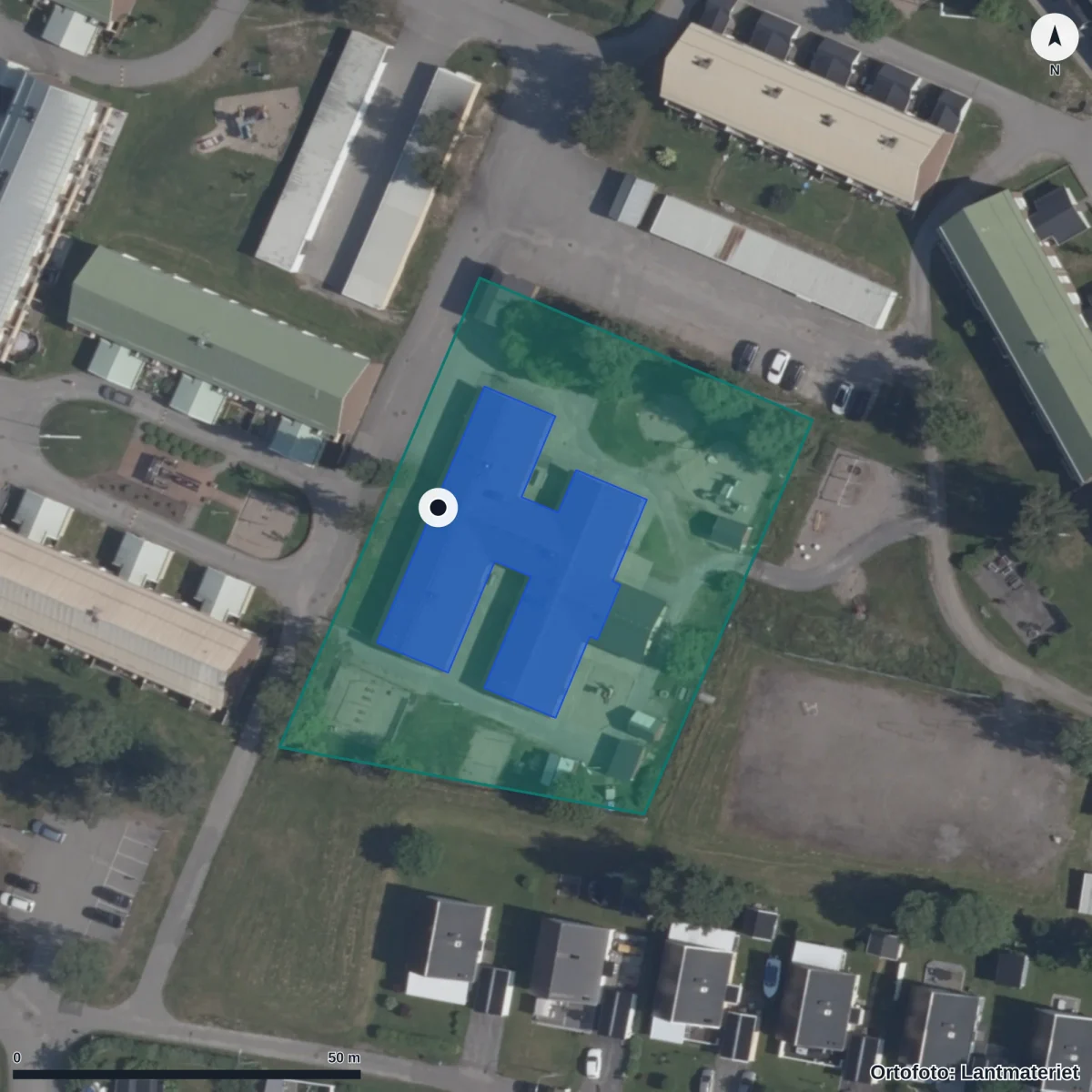 Flygbild över Solbacka Förskola, ortofoto från Lantmäteriet